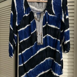 INC International Concepts Blue and Black Tunic with Embellished Neckline